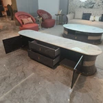 Oval White Marble TV Stand with Cream Diamond-Stitched Leather Trim and Dark Glossy Panels